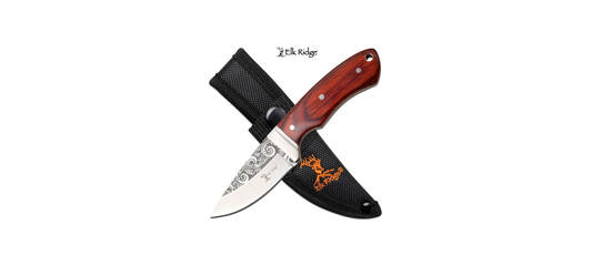 Elk Ridge Etched Blade Hunting Knife - Wooden Handle